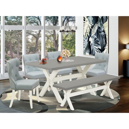 East West Furniture 6 Piece X-Style Dining Room Table Set - Linen White X096SI215-6